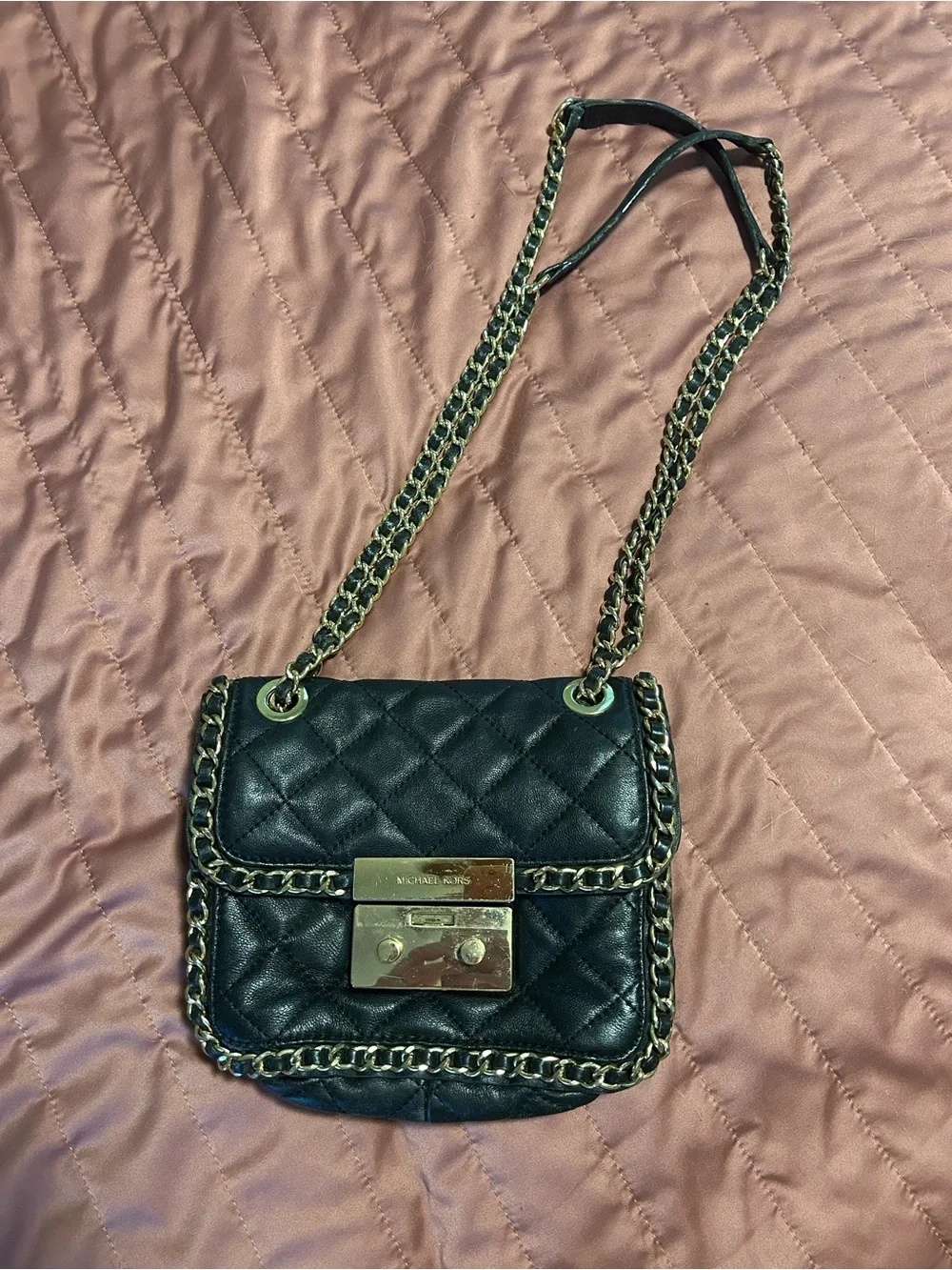 Michael Kors Black Quilted Crossbody with Gold Chain Trim